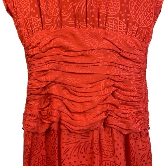 LIZ CLAIBORNE Vintage Red Silk Pineapple Print Ruched Midi Dress - Picture 5 of 14
